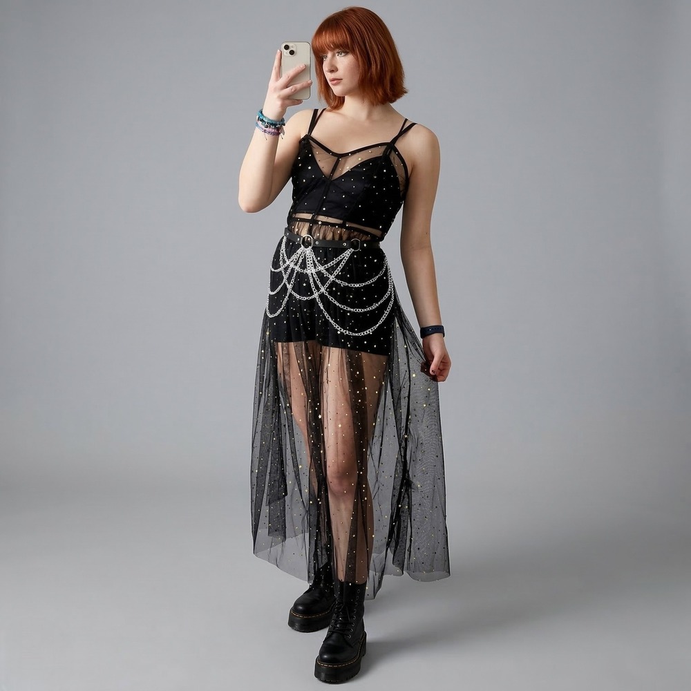 Small Black Mesh Star Galaxy Dress Rave Swim Coverup Goth Beach Witchy‎ Festival